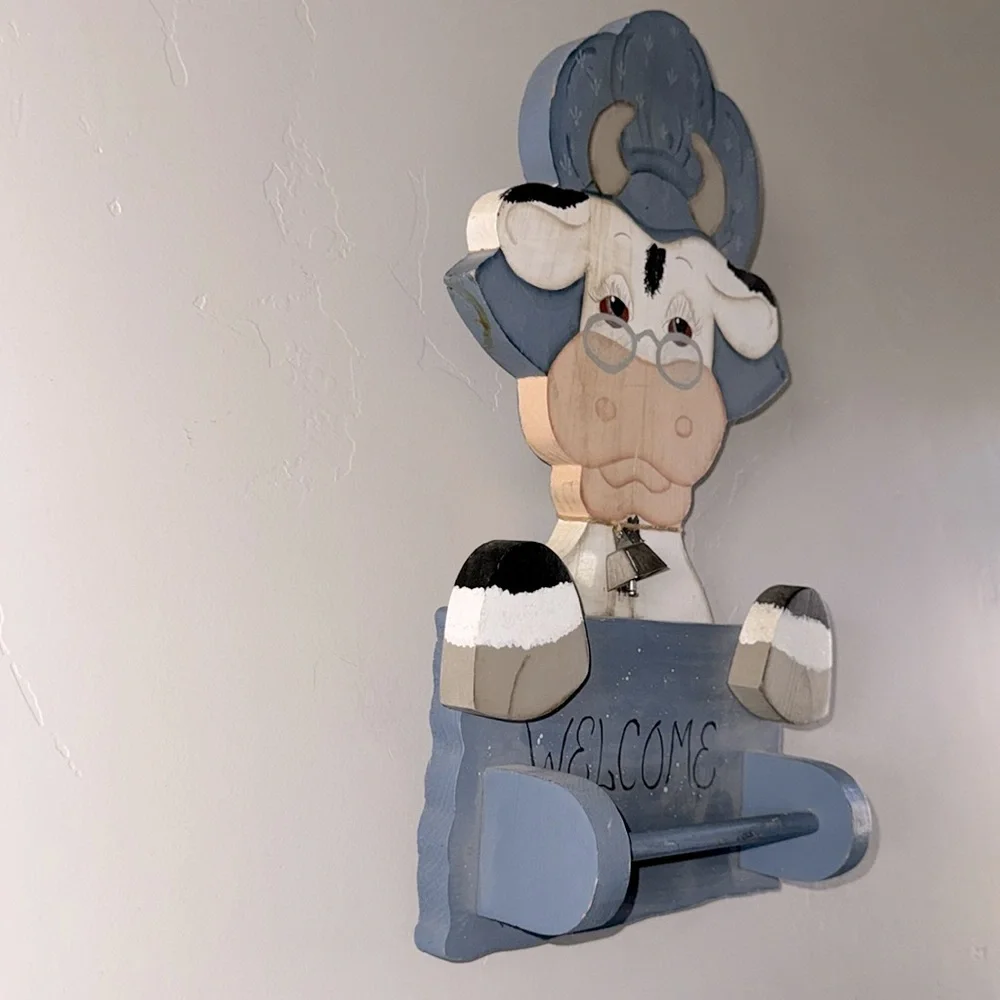 Vintage Cottage Cow Welcome Sign Towel Rack Handcrafted Tole Painting Art